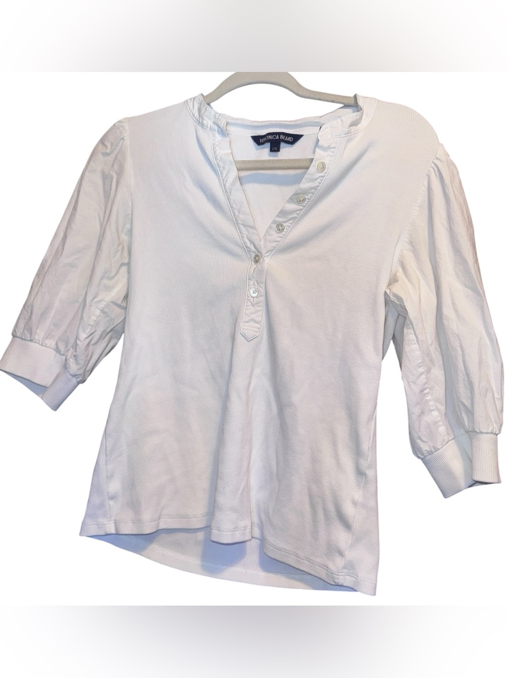 Veronica Beard Crisp White Henley Peasant Sleeve Top ribbed minimalist classic L